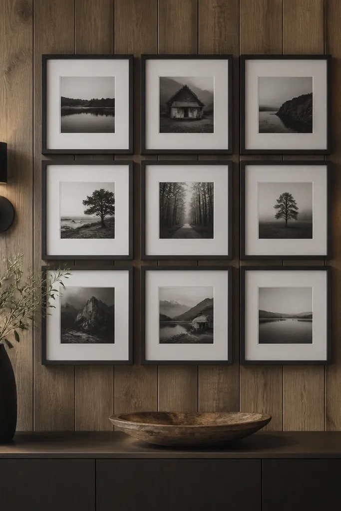 Dark charcoal picture frames line up on a wood panel wall. The frames are in a neat grid, with matte black sconces on either side and a small console below.
