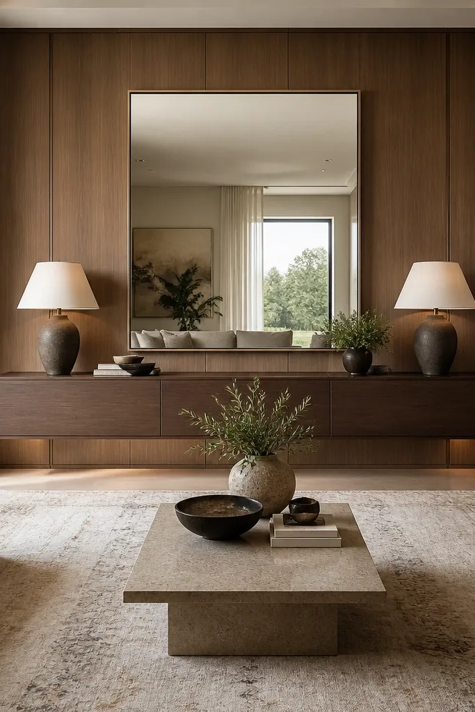 A wood panel wall with a floating console centered beneath a large mirror. A symmetrical rug extends toward the seating area, and two table lamps sit on the console ends.