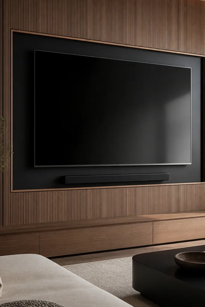 A flat-screen TV mounted on a wood panel wall. There's a black surround frame around it with thin trim that matches the wall border, and a slim soundbar sits below.