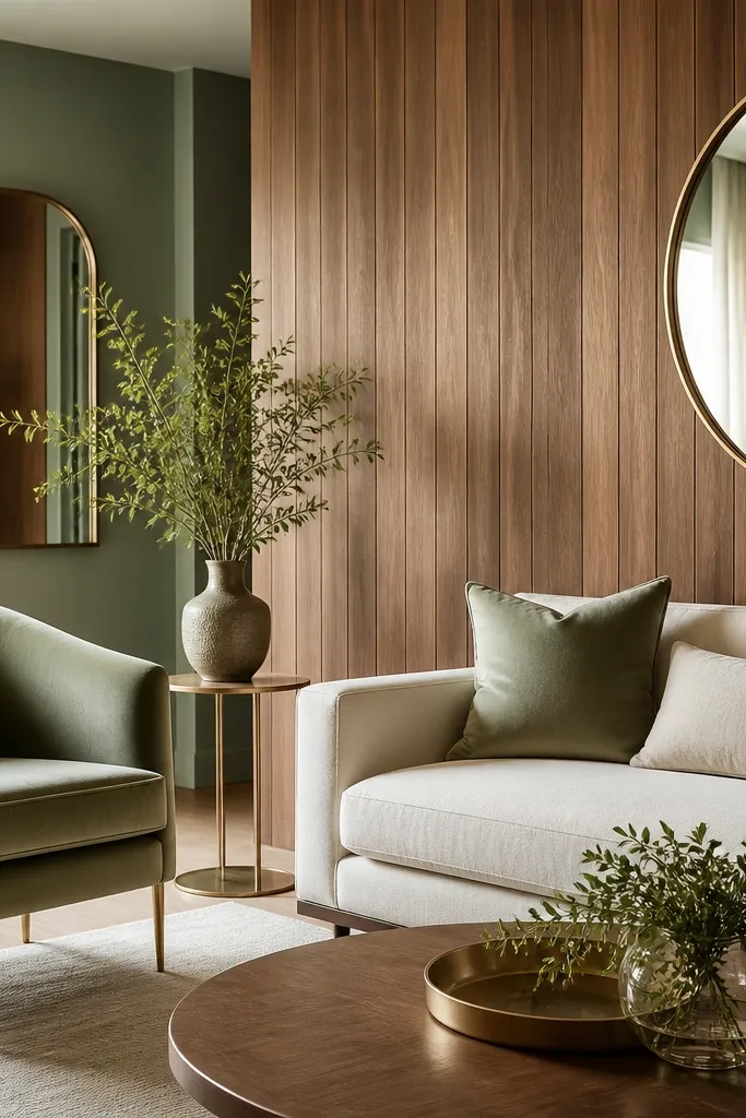 Wood panel wall in warm tone with adjacent walls painted matte sage. The furniture includes a sage velvet armchair, a cream sofa, and brass-framed mirrors.