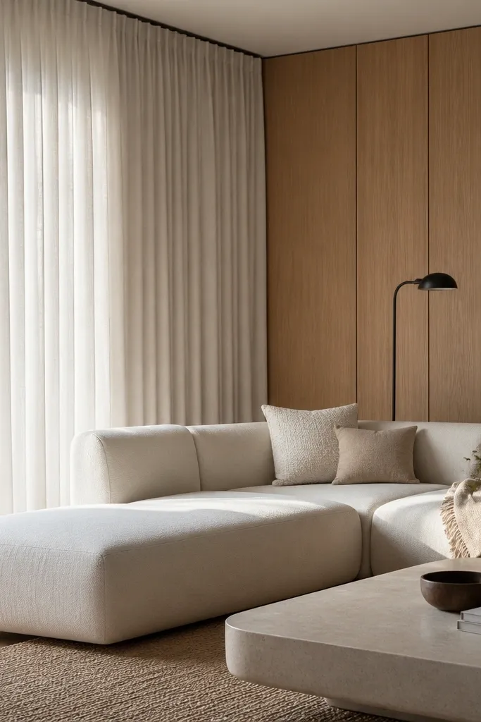Floor-to-ceiling linen curtains partially cover the wood panel wall near a window. The curtains hang from a ceiling track with a subtle rod, and a cream sectional sits in front.