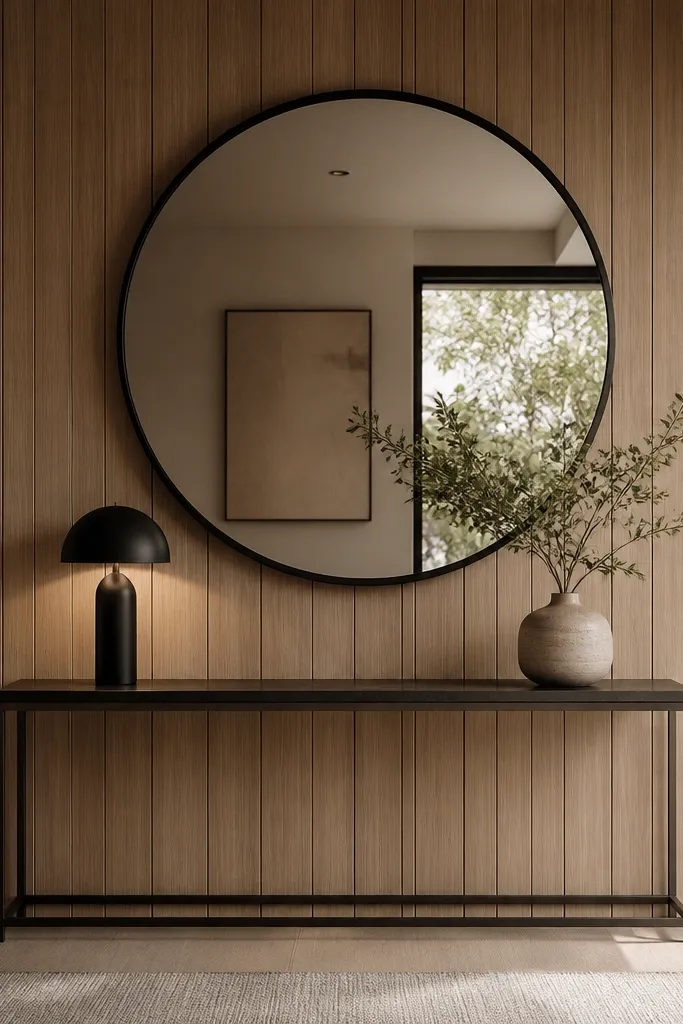 A large black-framed round mirror hangs centered on the wood panel wall. Below it, there's a slim console with a black lamp and a ceramic vase.