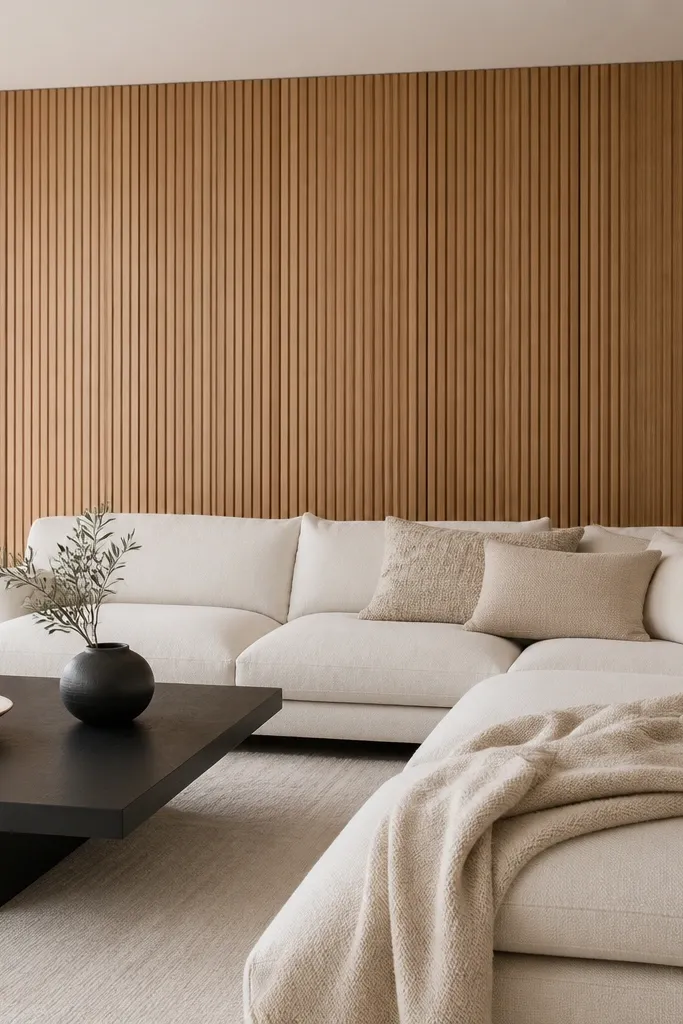 A wood panel wall with vertical slats in warm oak. The ceiling is painted white, and the room has a white sectional, textured throw blankets, and a simple black coffee table.