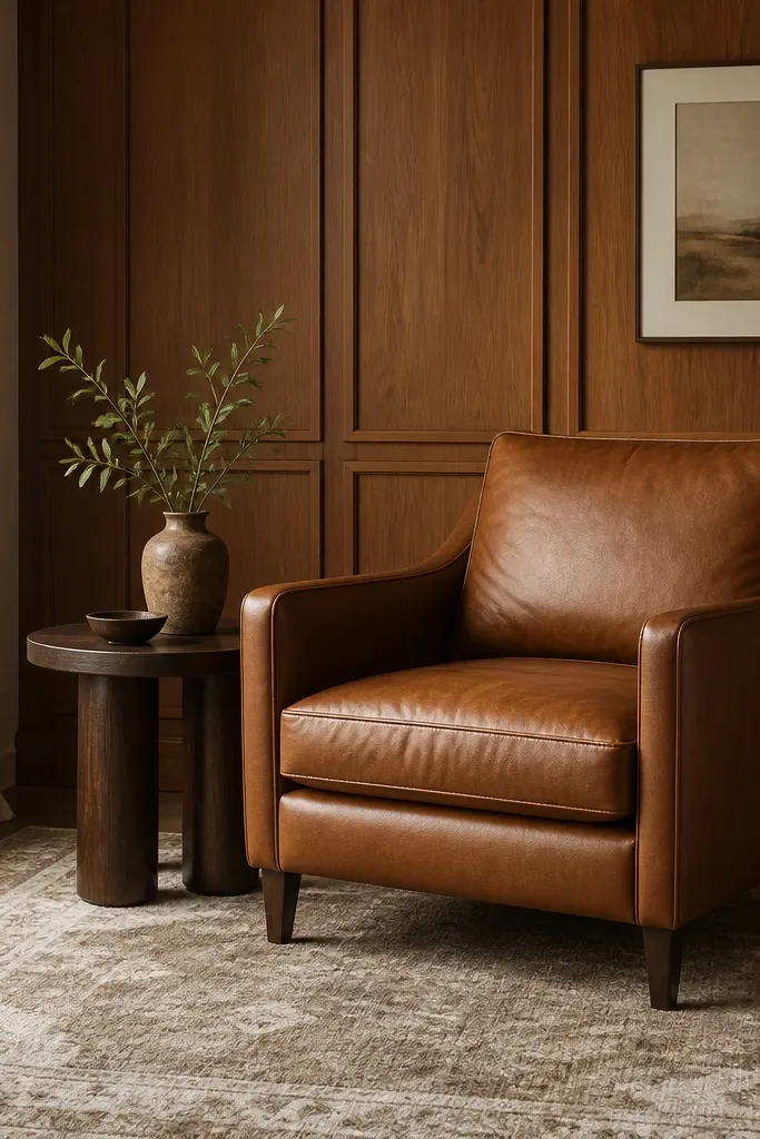 A cognac leather armchair sits in front of a warm wood panel wall. A neutral patterned rug in beige and cream covers the floor, with a small side table in dark wood.