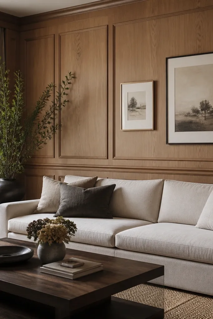 Wood panel walls with added horizontal trim rails at mid-height, creating a panel-within-a-panel look. The room has a light sofa, framed art above the rail, and a dark wood coffee table.
