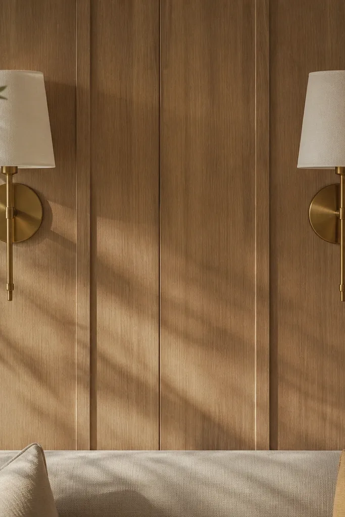 Two brass wall sconces with linen shades flank a wood panel wall. The light hits the panels at an angle, creating soft shadows in the grooves.