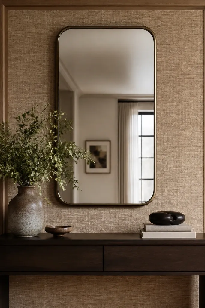A small section of the wood panel wall is framed with trim, and inside that frame is a textured wallpaper or grasscloth panel. A large mirror hangs centered on it, with a console below.