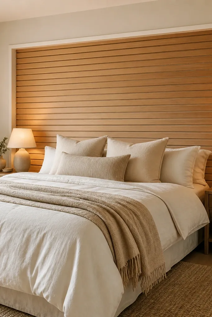A bedroom wall with honey oak horizontal slats directly behind the bed, framed by a thin white trim border. The bed has off-white linen bedding and a light beige throw, and warm 2700K lamps glow on both sides.