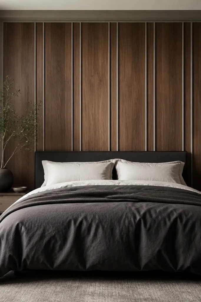 A bedroom with vertical walnut-toned wood panels running from near the floor to the top of the headboard area. The panels are framed with light gray trim, and the bed has a charcoal duvet and white pillows.