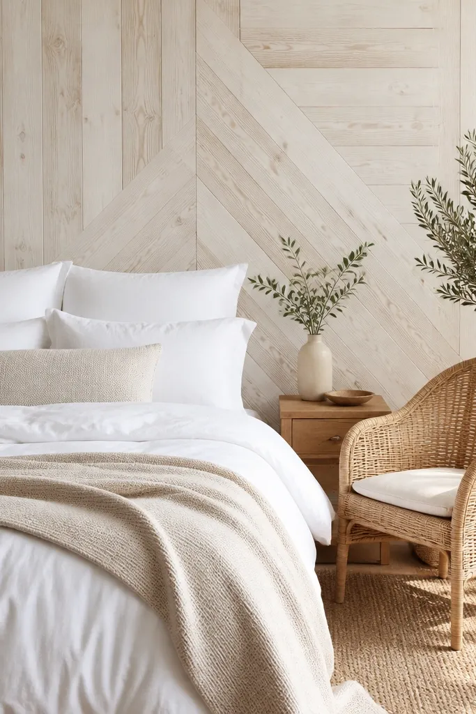 A bright bedroom wall with white-washed wood panels in a subtle herringbone-ish plank pattern. The bed is dressed in crisp white sheets and a soft oatmeal blanket, with a rattan chair nearby.