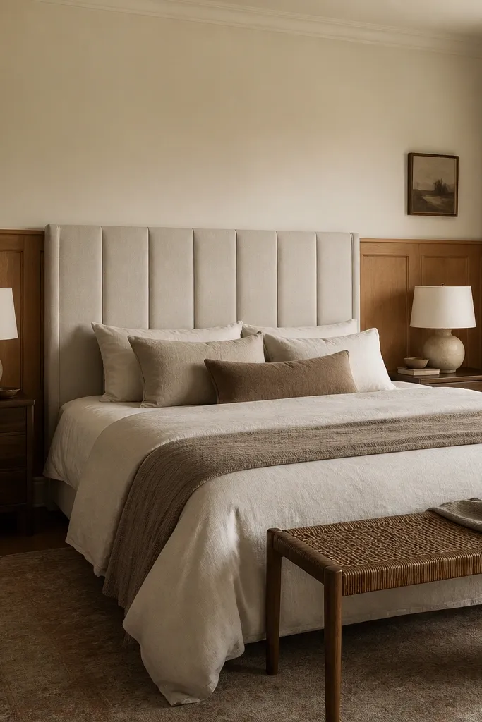 A bedroom with wood paneling only on the bottom half of the wall, finished in warm oak. The top half is painted a soft cream, and a tall upholstered headboard sits centered above.