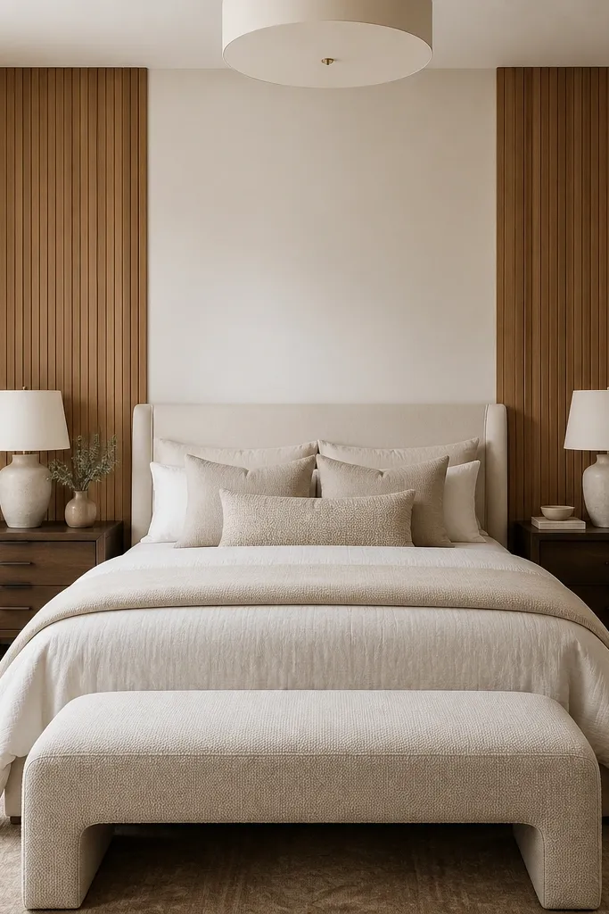 Two vertical wood accent panels behind the nightstands, separated by a painted gap. The rest of the wall is a warm off-white, and the nightstands are dark stained wood.