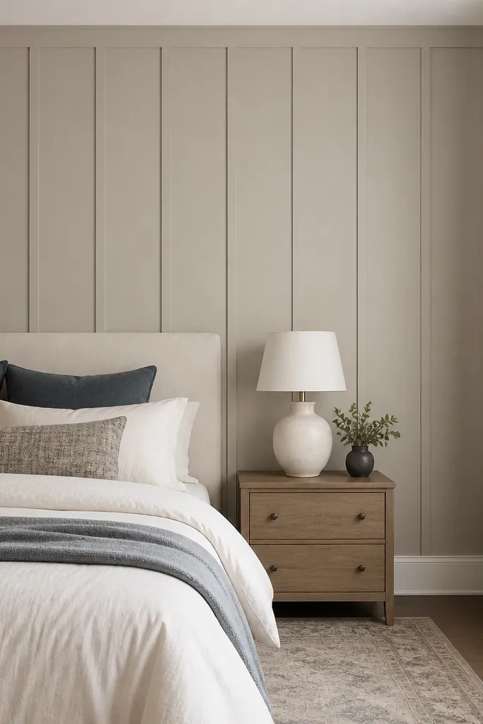 A bedroom wall with board and batten wood panels painted soft greige. The battens are narrow and evenly spaced, and the wall has a simple white baseboard and trim.