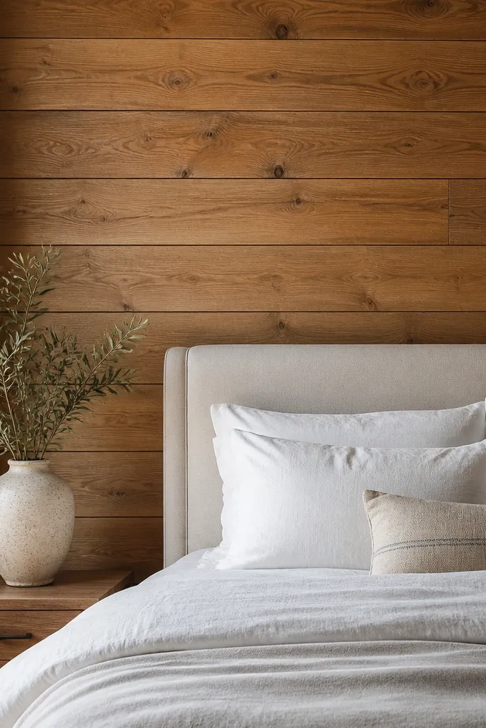 A bedroom headboard wall covered in stained shiplap planks with visible grain. The bed has a light linen headboard and white pillows, and the wall color is medium oak.