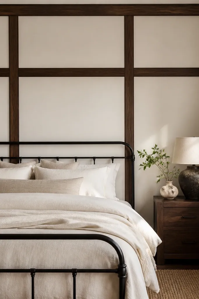 A bedroom wall with a dark walnut grid frame around rectangular sections. The center rectangles are painted a warm white, and the bed has a black metal frame with cream bedding.