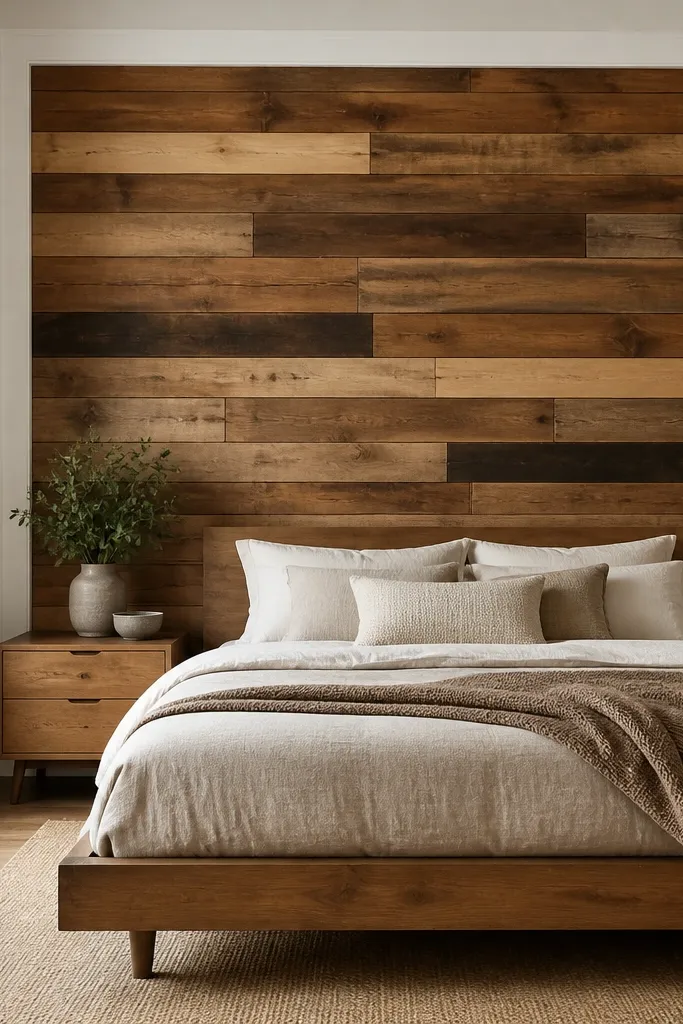 A bedroom wall with mixed-width reclaimed-style planks in warm browns, but finished with a clean modern white border trim. The bed has a simple wooden frame and neutral bedding.