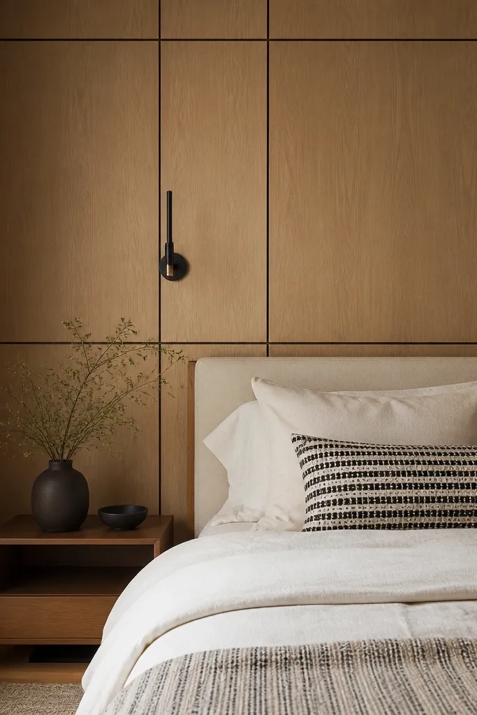 A bedroom wall with mushroom-toned wood panels and thin black trim lines outlining each panel section. The bedding is cream with a black-and-white patterned pillow.