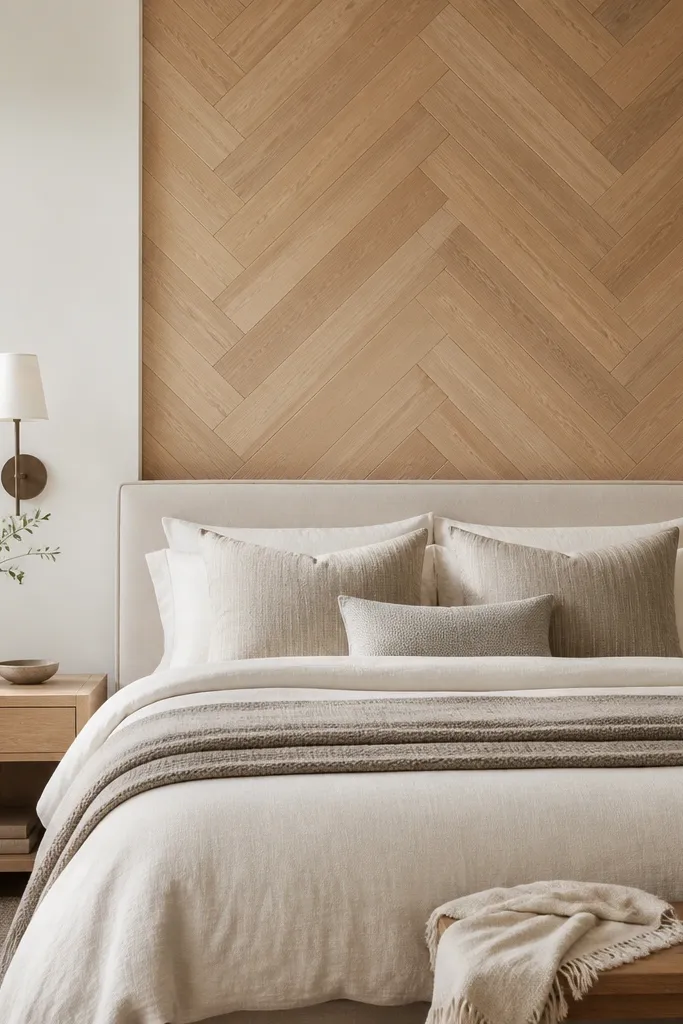 An accent section behind the bed with light oak planks arranged in a herringbone pattern. The rest of the wall is painted a soft warm white, and there are two matching bedside sconces.