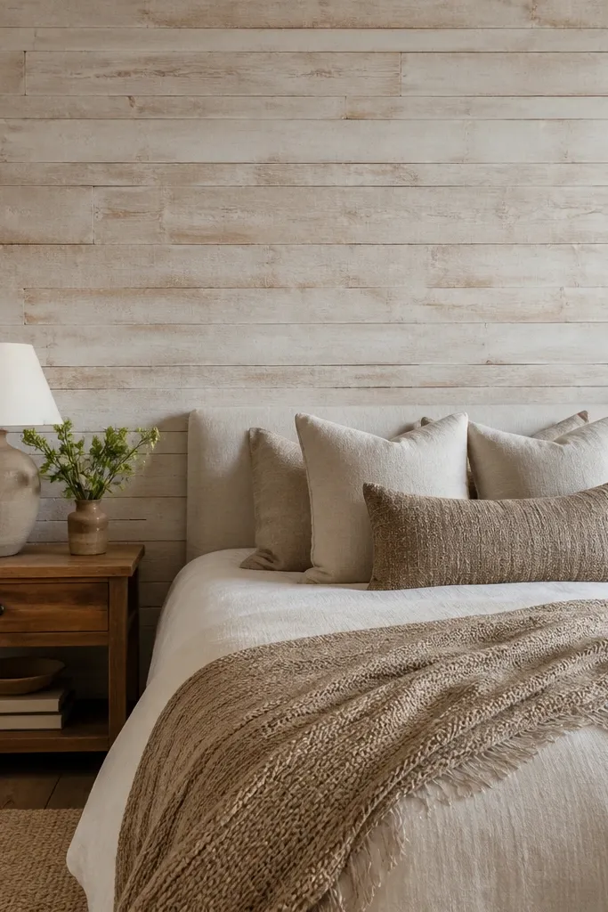 A bedroom wall of rustic planks with a limewash-like finish in warm off-white and pale beige, showing texture and grain. The bed has a woven throw and natural wood nightstands.