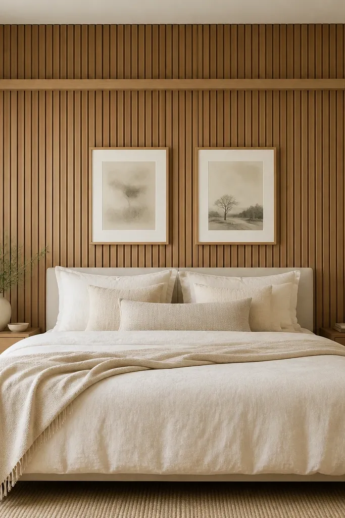 A bedroom wall covered in vertical oak-look slats from floor to ceiling, with a narrow light-wood rail running horizontally near the top; bed is centered and has cream bedding; two small framed prints hang on the slat wall.