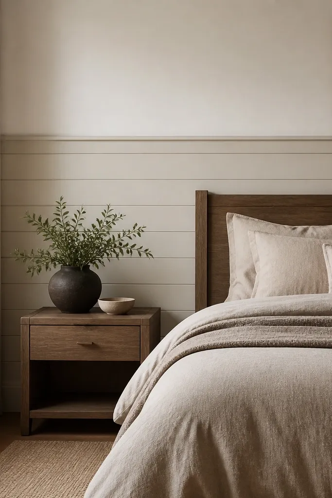 A bedroom wall with white-greige shiplap panels covering only the lower 60 inches; a straight chair-rail trim sits across the middle; the top section is painted a soft warm white; bed has taupe linen bedding.