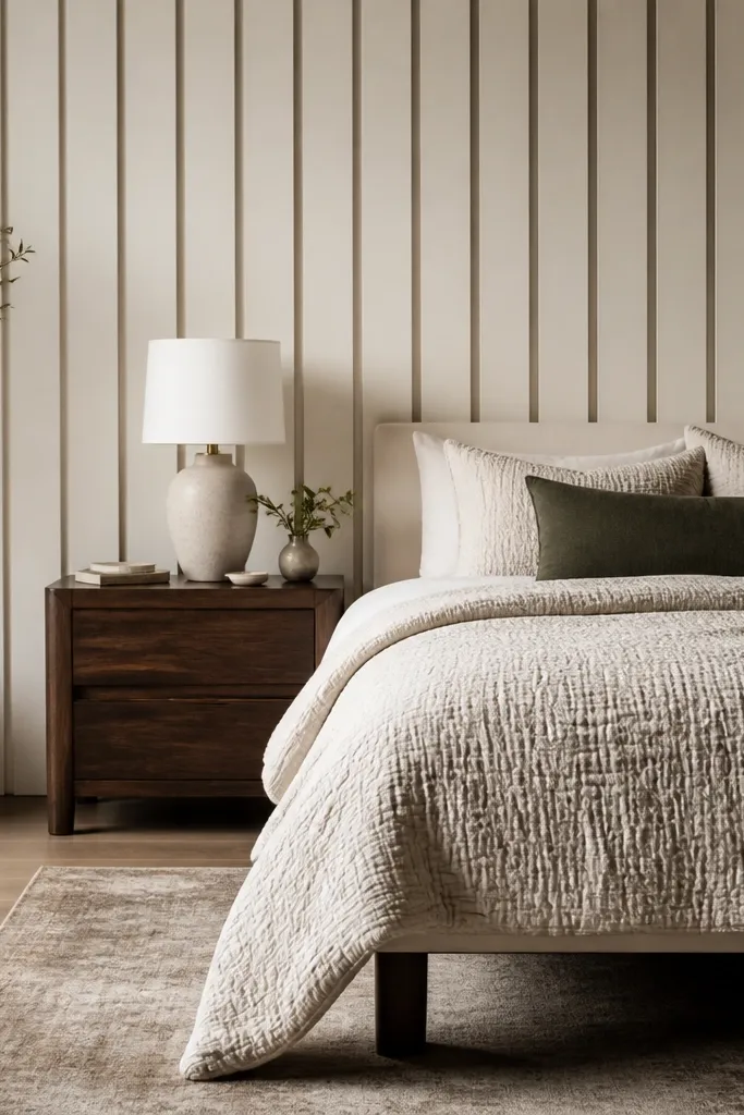 A bedroom wall with vertical MDF strips painted a warm off-white, spaced evenly with narrow shadow gaps; the bed has dark wood legs and a light oatmeal quilt.