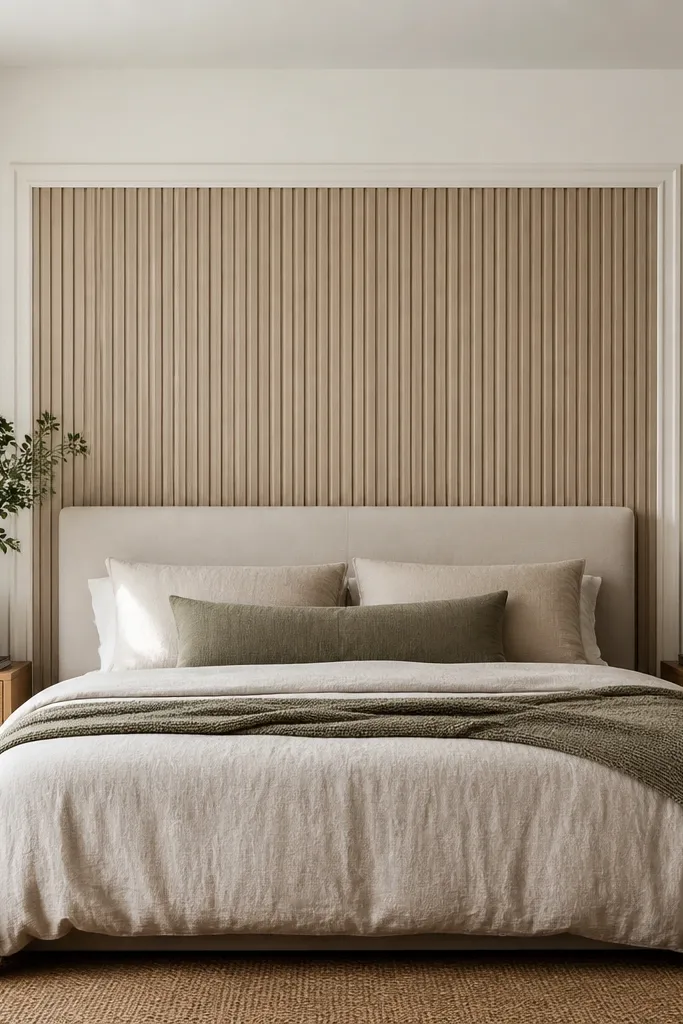 A bedroom wall with a rectangular area behind the bed filled with vertical slats; the rectangle is outlined by thicker trim; the rest of the wall is plain painted warm white.