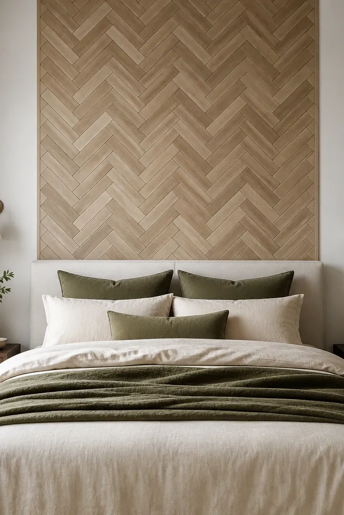 A bedroom wall with a small-scale herringbone wood-look pattern behind the bed, contained to a 6-foot-wide section; the pattern has alternating angled planks; bedding is cream and olive.