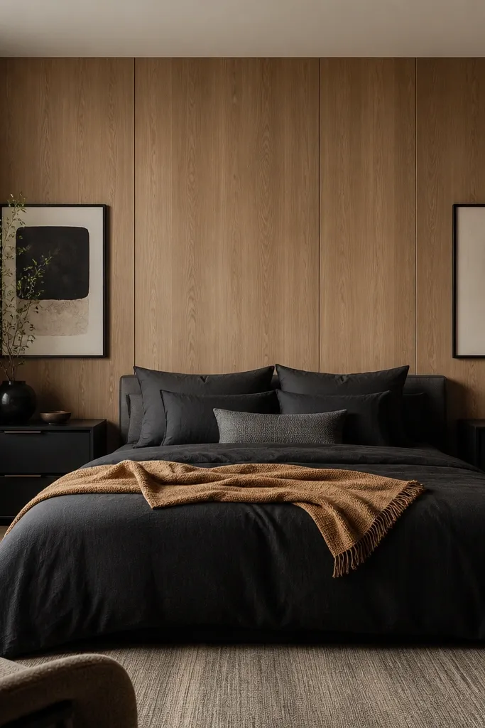 A bedroom with light walnut-look panels on the wall behind the bed; bedding is charcoal and black with a tan throw; two bedside tables in black sit under wall art.