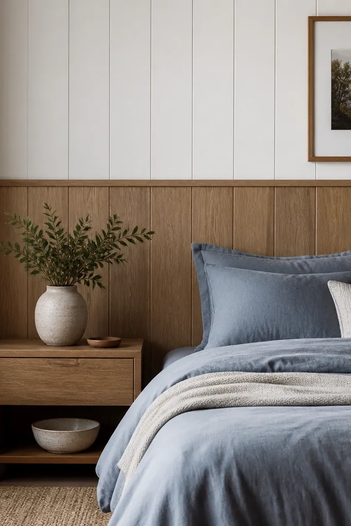 A bedroom wall split into two horizontal sections: the lower half has warm wood-look panels, the upper half has white painted panels; a straight trim separates the two; bed has blue-gray bedding.