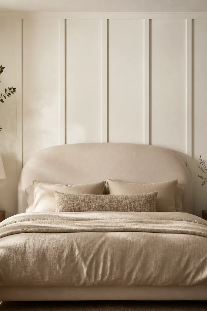 A bedroom wall painted a soft warm white with vertical batten strips spaced evenly; the gaps create shadow lines; bed is centered with beige bedding and a rounded headboard.