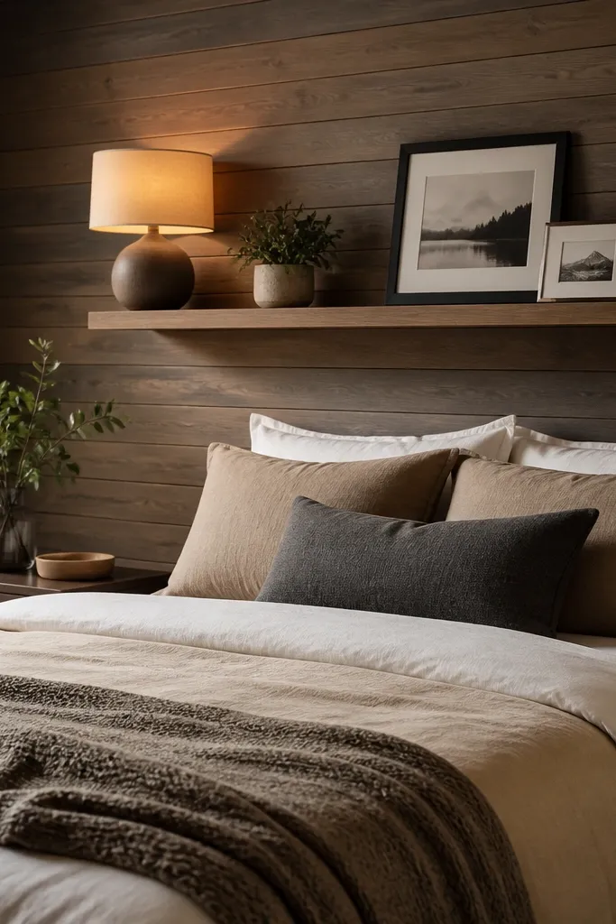 A bedroom wall with narrow wood-look planks behind the bed; a floating shelf runs above the headboard area holding a lamp, small plant, and framed photos; warm amber light from a bedside lamp.