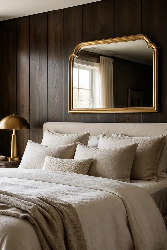 A bedroom wall covered in dark espresso wood-look panels; bedding is light linen and cream; brass table lamps and a brass-framed mirror reflect warm light.