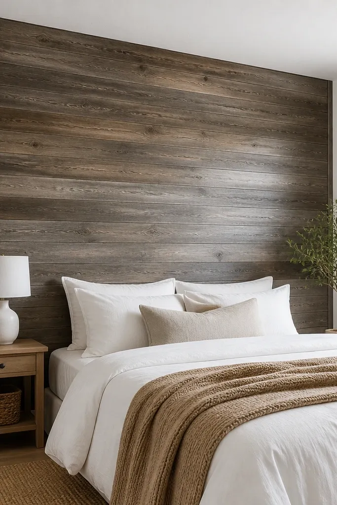 A bedroom feature wall made from peel-and-stick planks; the corners have installed corner boards; the wall edges look crisp with neat trim; bed is simple white with a tan throw.