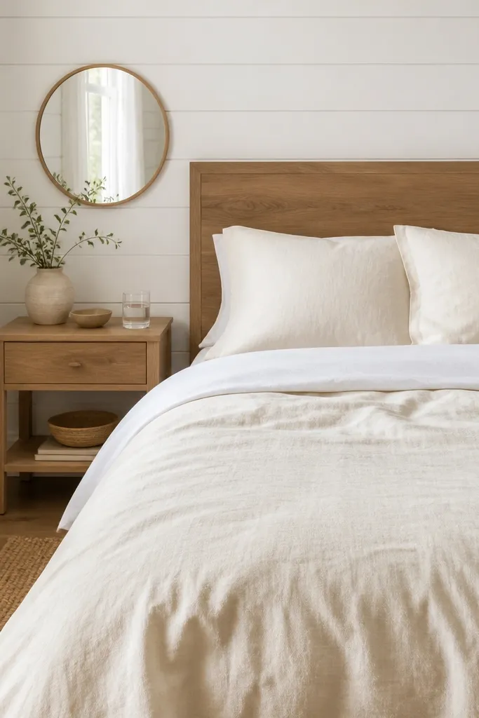 A bright bedroom with white-painted wood panel walls. The bed has an ivory duvet, a crisp white flat sheet folded at the bottom, and two cream pillows. A simple wood headboard sits behind the pillows, and a small round mirror hangs above a light wood nightstand.