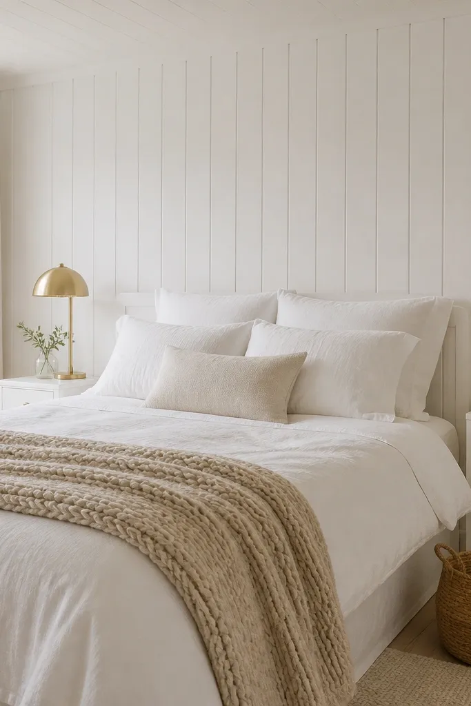 White wood panel walls in a bedroom. The bed is dressed in white bedding, with a thick oatmeal knit throw draped over the foot. Two matching brass lamps sit on slim white nightstands, and a small woven basket is on the floor near the bed.