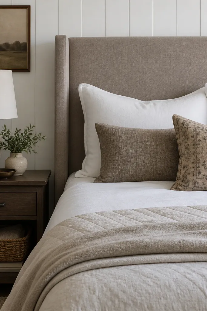 A cozy bedroom with white wood panel walls. The bed has a tall taupe upholstered headboard. The bedding includes white pillowcases, taupe lumbar pillows, and a patterned pillow with muted beige and brown. A fabric shade lamp sits on a dark wood nightstand.