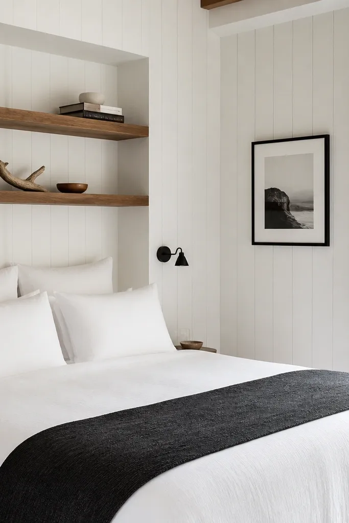 White wood panel walls with a bed dressed in all-white linens. A charcoal textured runner lies across the foot, and warm wood shelves sit above the bed. A small black-framed print hangs above the runner area.