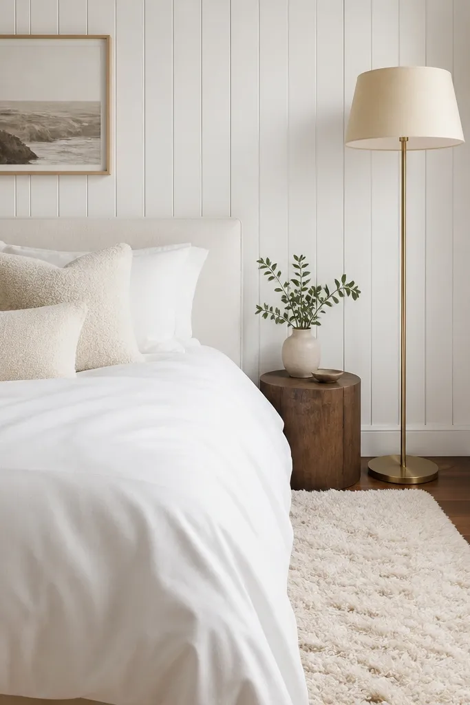 A bright bedroom with white wood panel walls. The bed has cream boucle pillows and a white duvet. A cream shag rug sits beside the bed, and a tall floor lamp with a beige shade stands near the corner.
