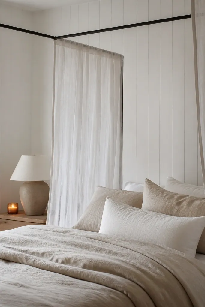 A bedroom where the bed has a simple linen canopy frame. Sheer curtains hang from the canopy and fall in soft folds. White wood panel walls fill the background, and a small nightstand holds a candle jar and a lamp.
