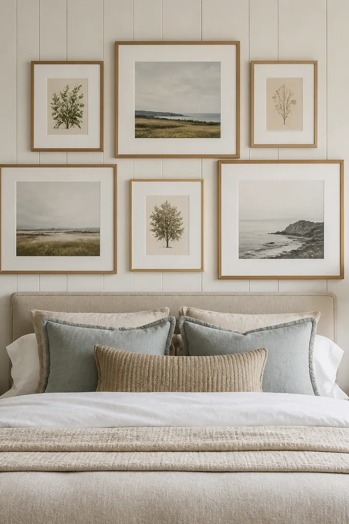 White wood panel walls with a gallery of framed prints. Frames are in light oak and brushed brass, each with white matting. The bed is centered below the gallery area, and a small table lamp sits on the nightstand.