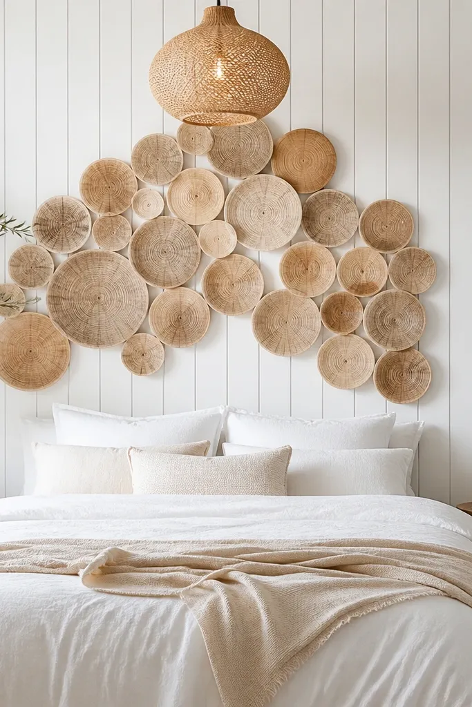 White wood panel walls with a large cluster of 3D wood round wall pieces above and behind the bed's headboard area. The bed has white bedding and a light beige throw. A warm pendant light hangs over the center of the wall.