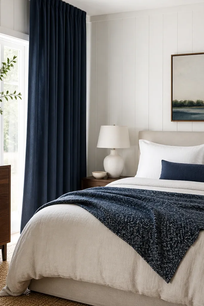 A bright bedroom with white wood panel walls. The bed has a cream duvet and two white pillows. A navy patterned throw and one navy lumbar pillow add contrast. Navy curtains hang floor-to-ceiling, and a white ceramic vase sits on a walnut dresser.