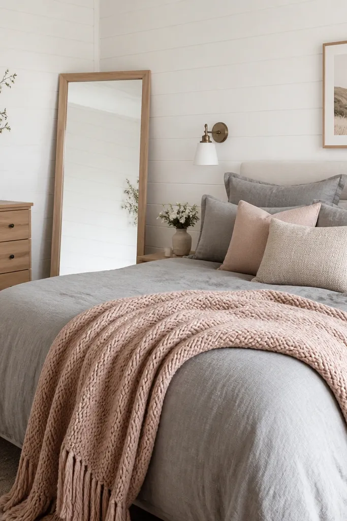 White wood panel walls with a bed dressed in warm gray bedding. A blush-pink knit throw is draped over the foot. Blush and gray pillows sit behind it. A light wood mirror leans against the wall near the dresser.
