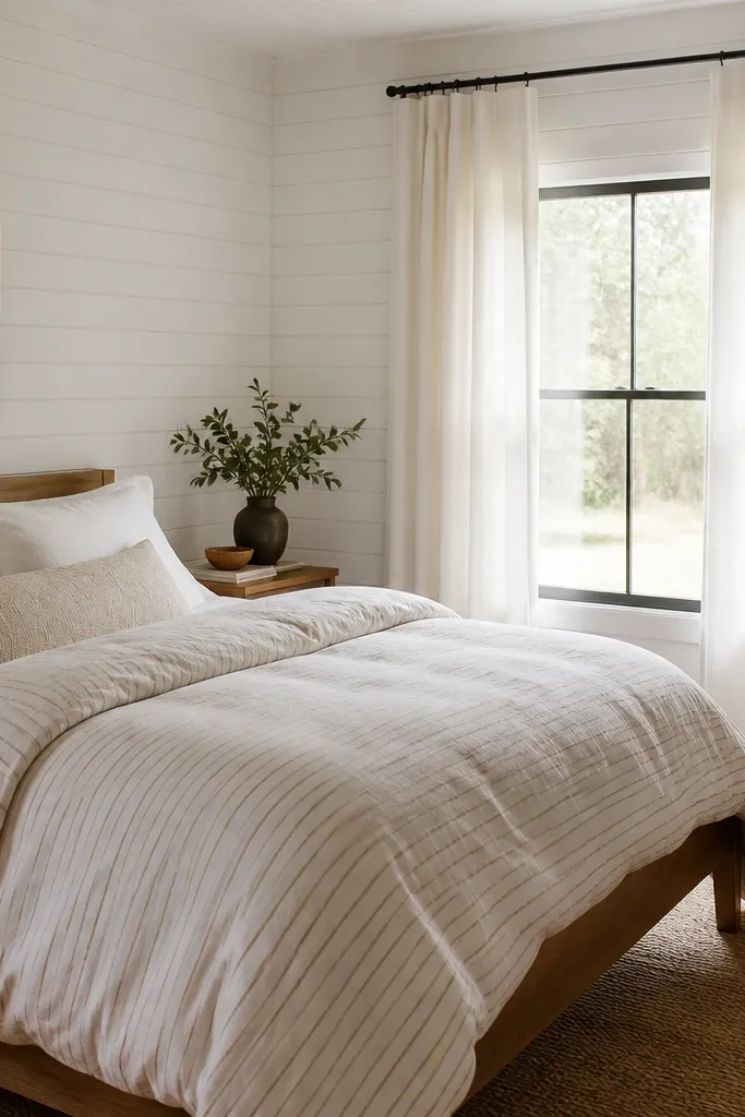 A bedroom with white wood panel walls. The bed has a duvet with thin warm beige stripes on white. Curtains are solid off-white and hang from a ceiling rod. A simple wood bed frame and a woven basket are visible on the floor.