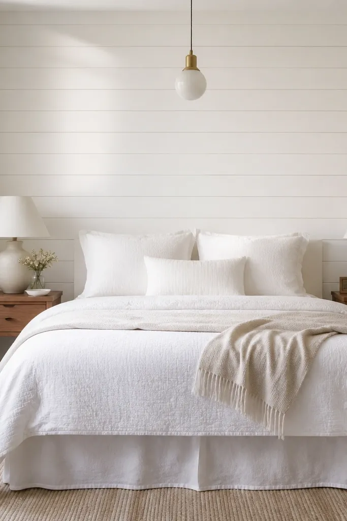 White wood panel walls and a bed with a white bed skirt. The nightstands are walnut, each holding a cream lamp. The bedding is white with a subtle texture, and the throw is light beige. A small pendant light hangs above the center of the bed wall.