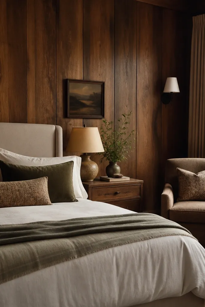 Cozy warm wood panel walls bedroom styling
