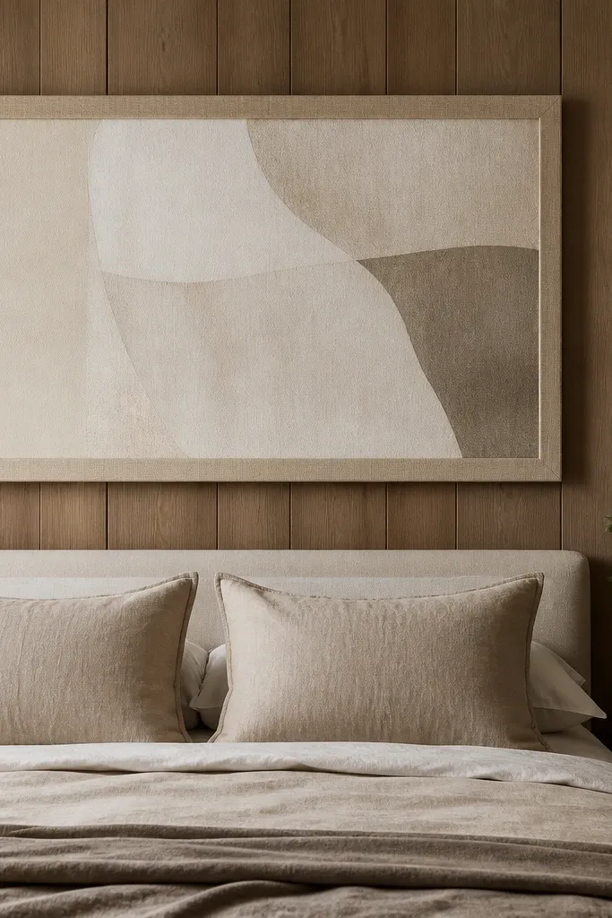 A bedroom wall with wood panels. One large rectangular artwork in a light beige linen-textile frame hangs centered above a low bed; the art has soft neutral shapes and no hard glare. A pair of matching linen pillow shams sits below, and a warm brass wall sconce is on the right.