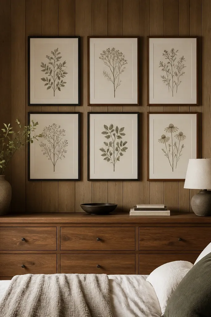 Wood panel walls in a bedroom. A grid-like gallery of 6 framed prints hangs above a dresser, each frame matte black or warm walnut. The spacing between frames is consistent, and the prints have off-white backgrounds with muted botanical line drawings.