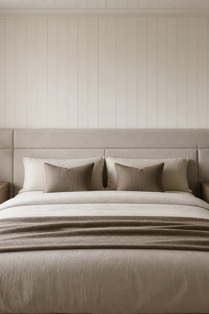 A bedroom with wood panel walls painted a soft warm white on the bed wall. A full-width upholstered headboard in light oatmeal spans across the wall. Two matching nightstands and simple black lamps sit symmetrically.